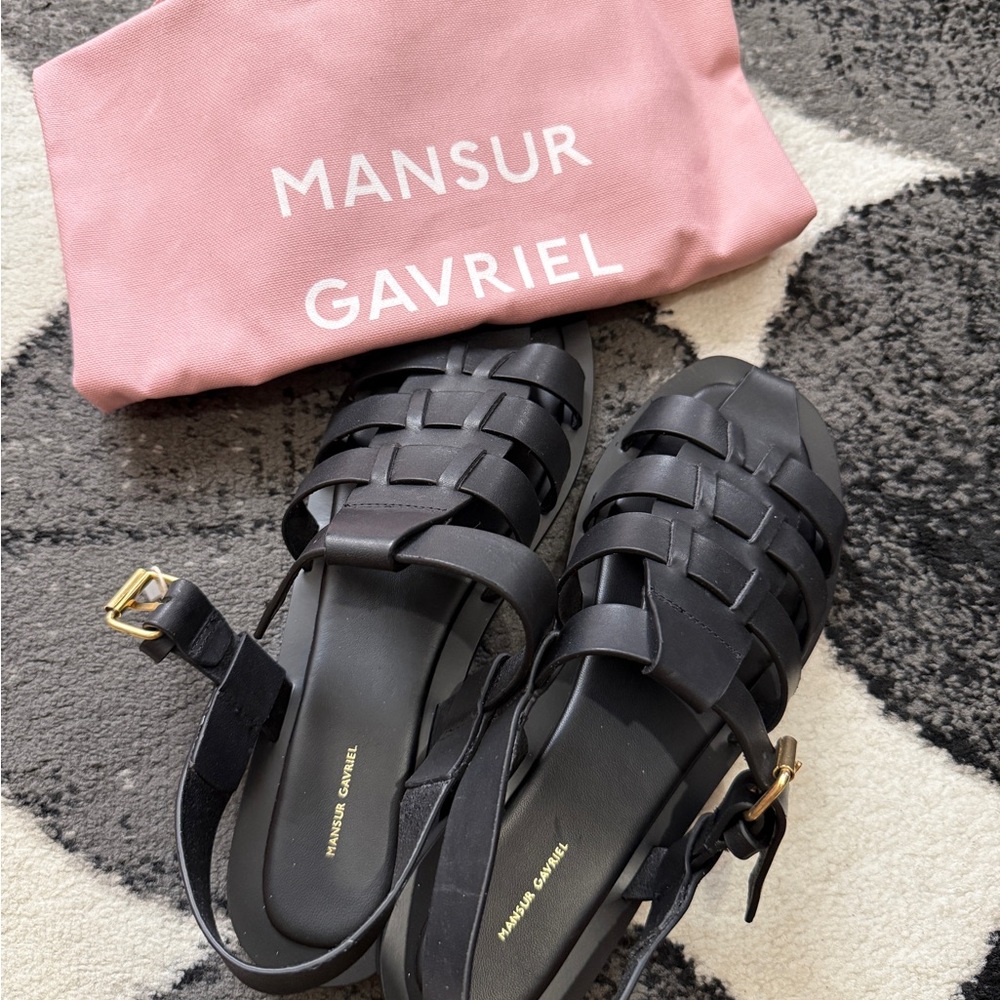 Mansur Gavriel Fisherman Sandals - Black Leather Sandals with Gold Buckle - Picture 3 of 11